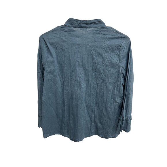 No Boundaries Button Front Ruffle Chambray Shirt Blue Embellished Career OffIce - Picture 2 of 9